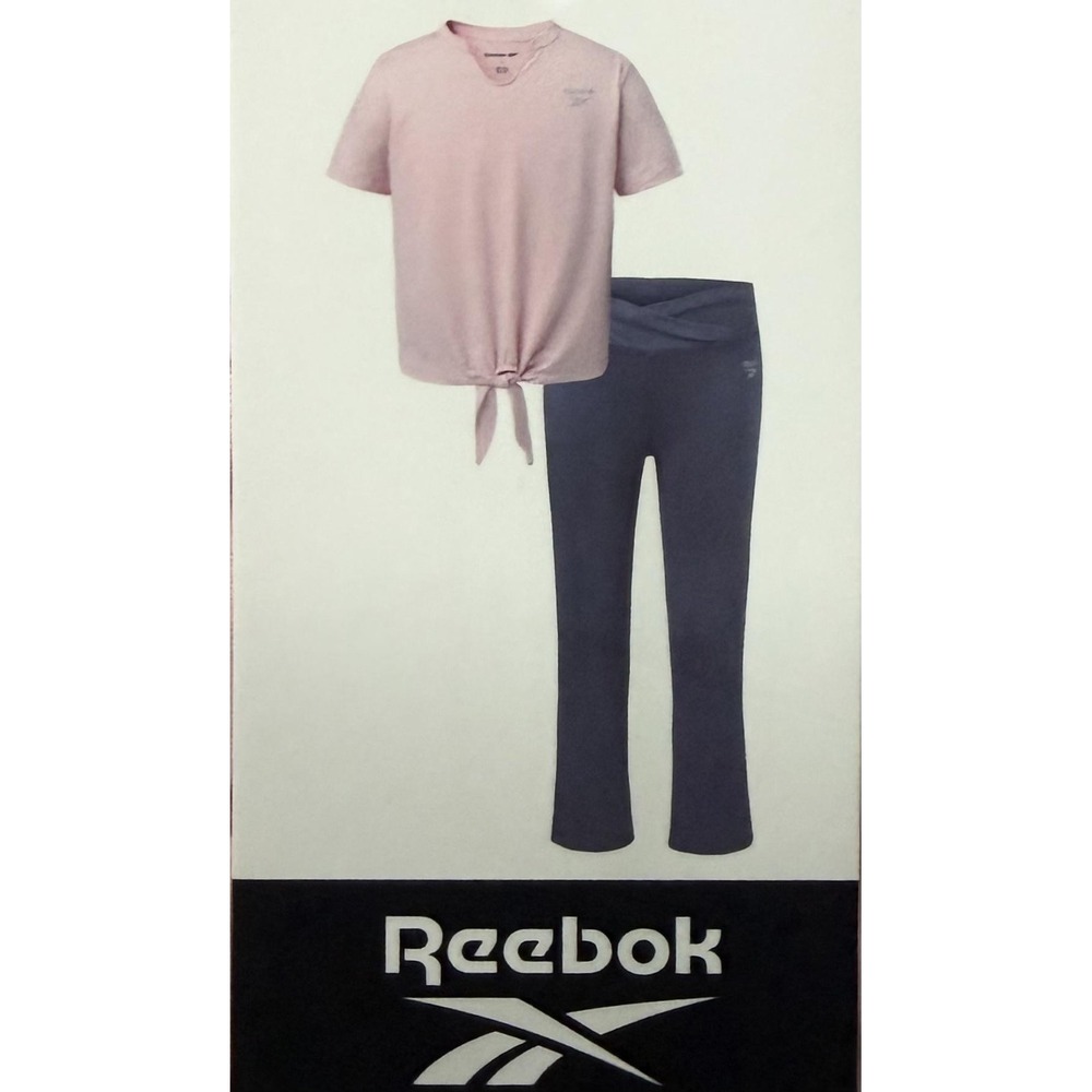 Reebok Active Outfit Set Girls 6 Pink Blue Tie Front‎ Tee Pants Elastic Waist - Picture 2 of 10